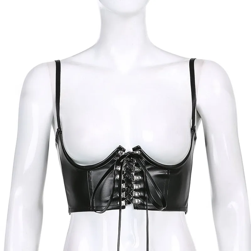 Alternative Goth 'Backseat' Black Lace Up Faux Leather Under Bust Corset Belt