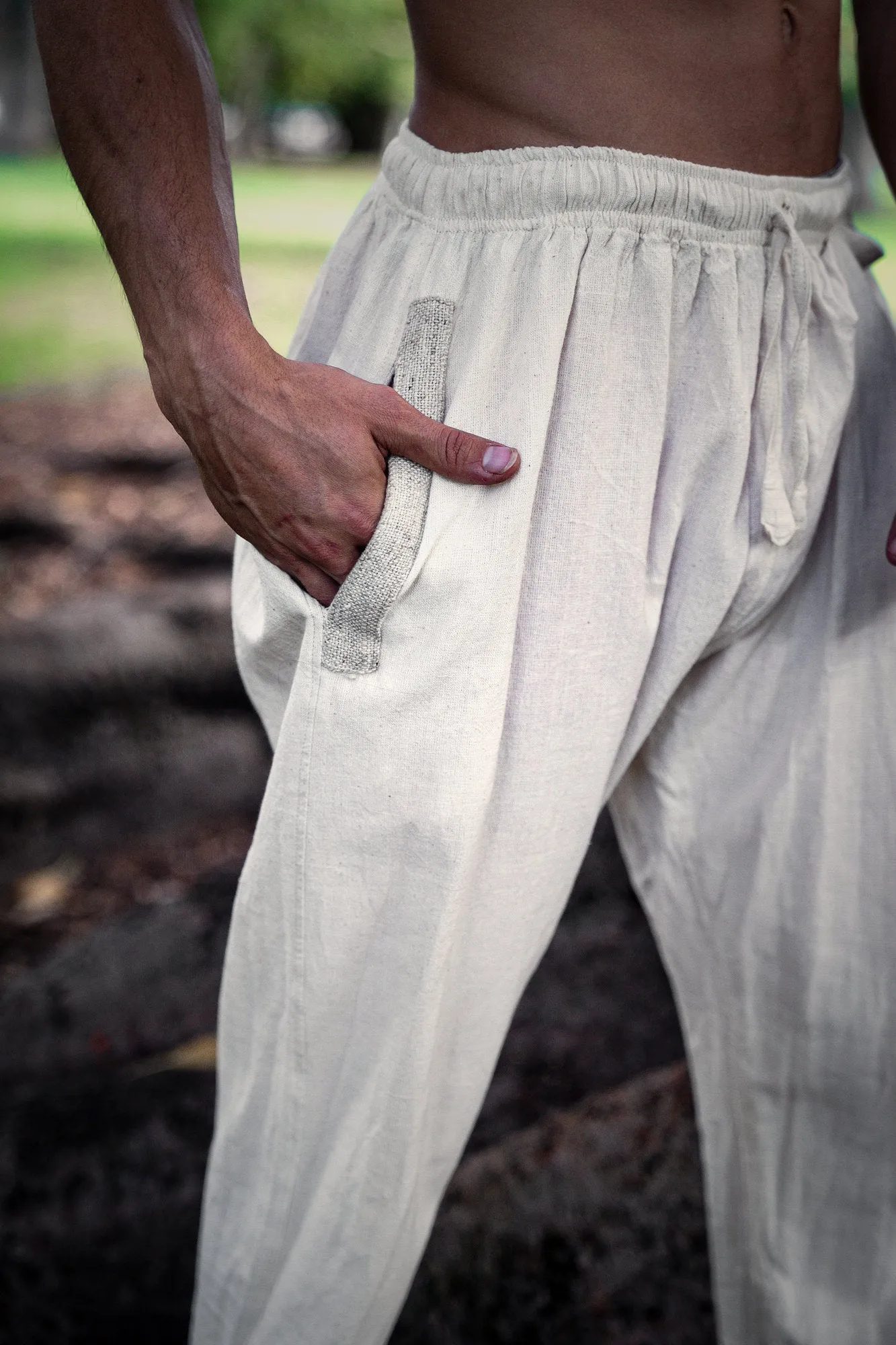 ANANDA Simple Mens Pants Beige Organic Hemp and Cotton Handmade Pockets, Eco friendly, Sustainable Comfortable Earthy Yoga Gypsy Boho AJJAYA