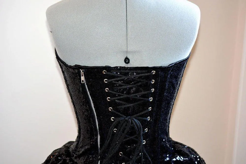 Authentic corset dress with mini fluffy skirt, sequins or satin fabric.  Prom, Valentine, mini wedding dress