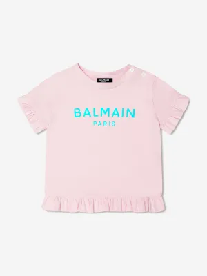 Balmain Baby Girls Logo Ruffle T-Shirt in Pink