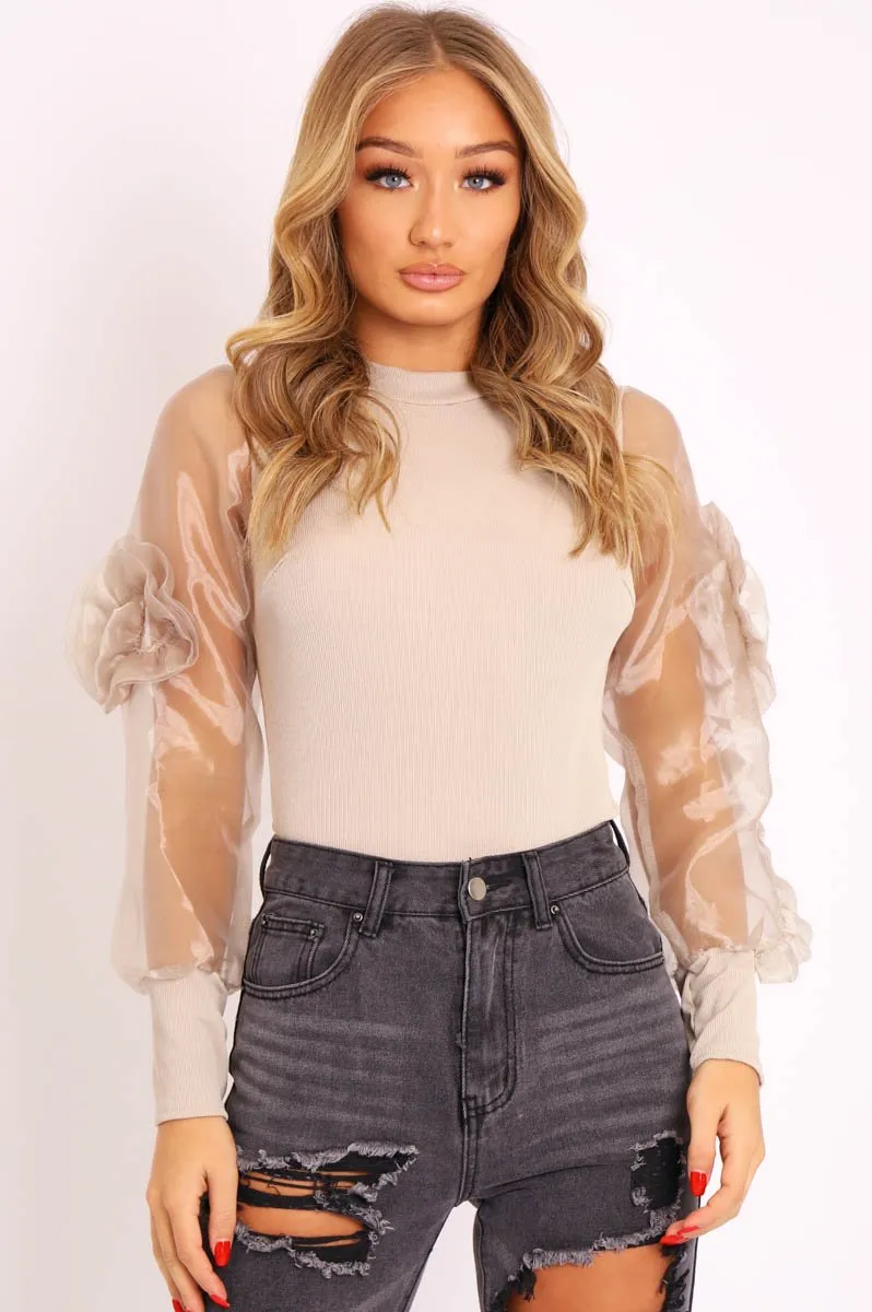 Beige Ruched Detailed Puff Sleeves Ribbed Top - Taliya