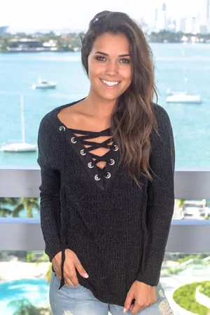 Black Lace Up Sweater