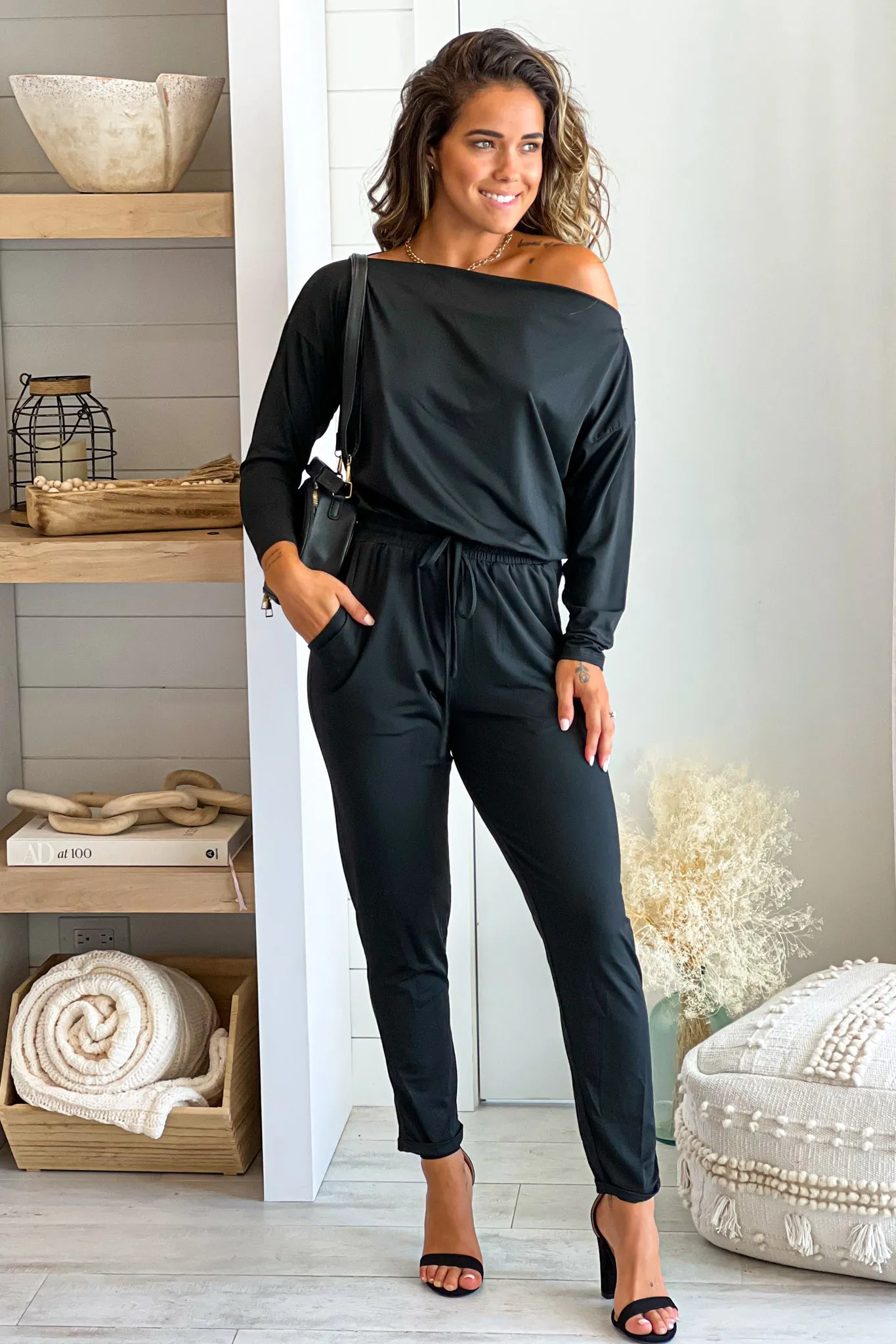 Black Off Shoulder Jumpsuit With Long Sleeves