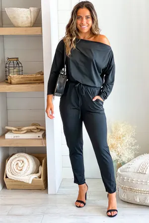 Black Off Shoulder Jumpsuit With Long Sleeves