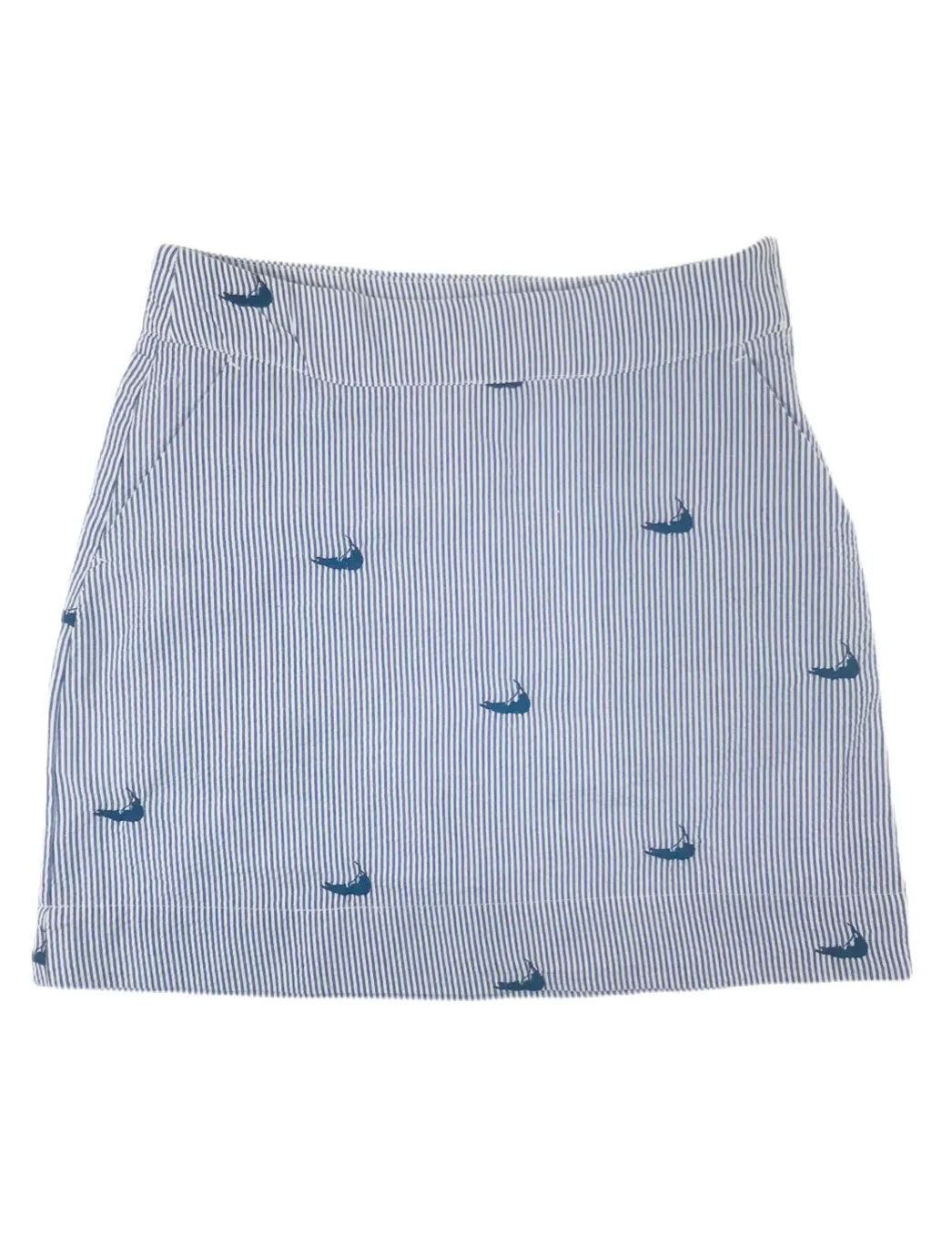 Blue Seersucker Women's Skirt with Navy Embroidered Nantuckets