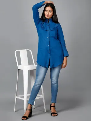 Blue Shirt with Ruffle Yoke and Cuff