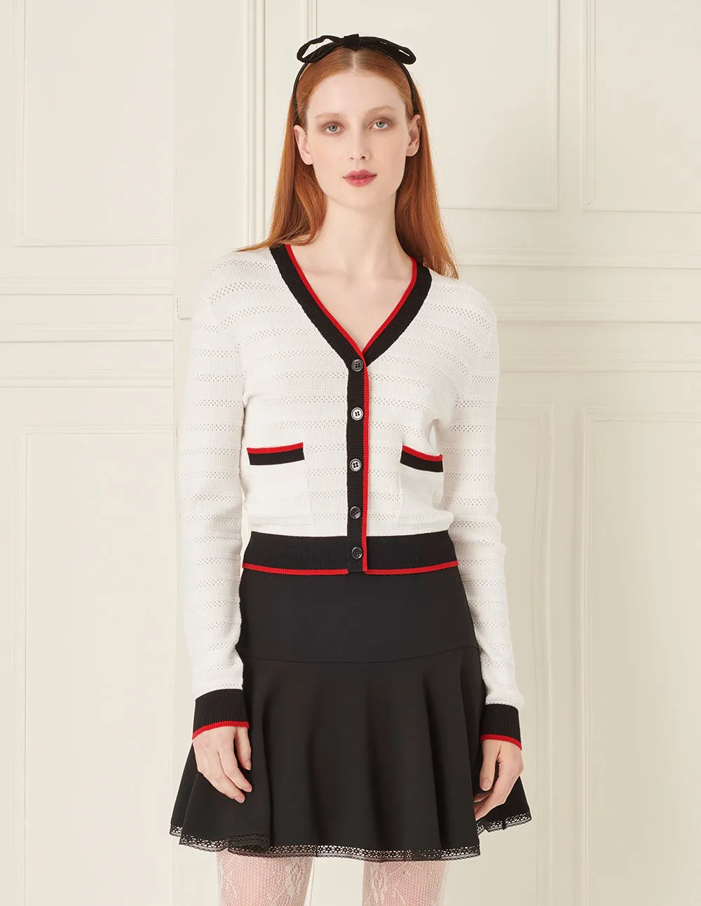 BORA AKSU Red And Black Contrast Trim V-Neck Long-Sleeved Knitted Cardigan