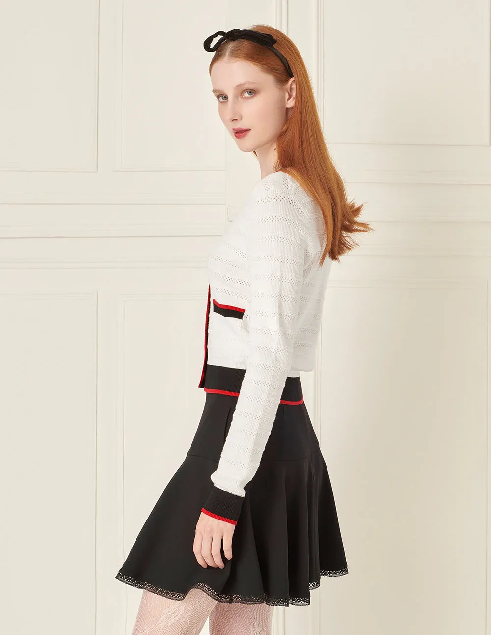 BORA AKSU Red And Black Contrast Trim V-Neck Long-Sleeved Knitted Cardigan