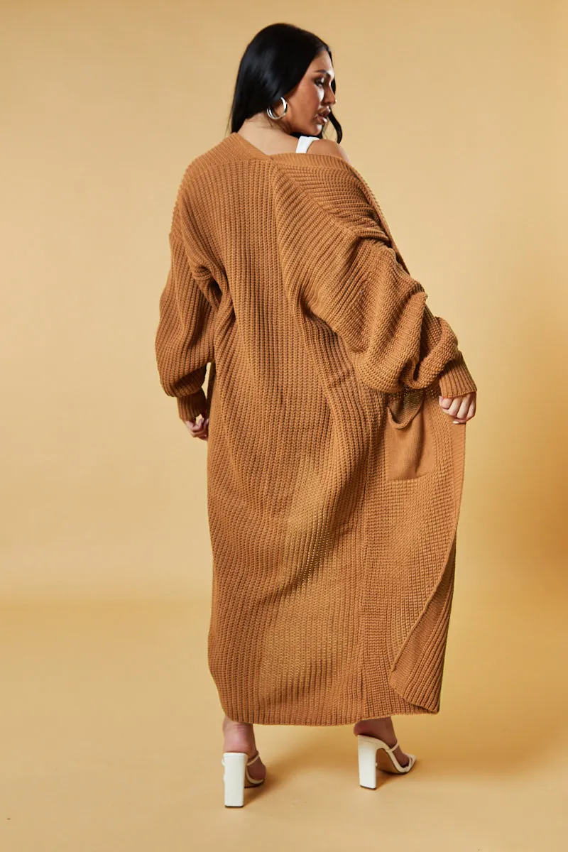 Brown Longline Knit  Maxi Cardigan - Ema