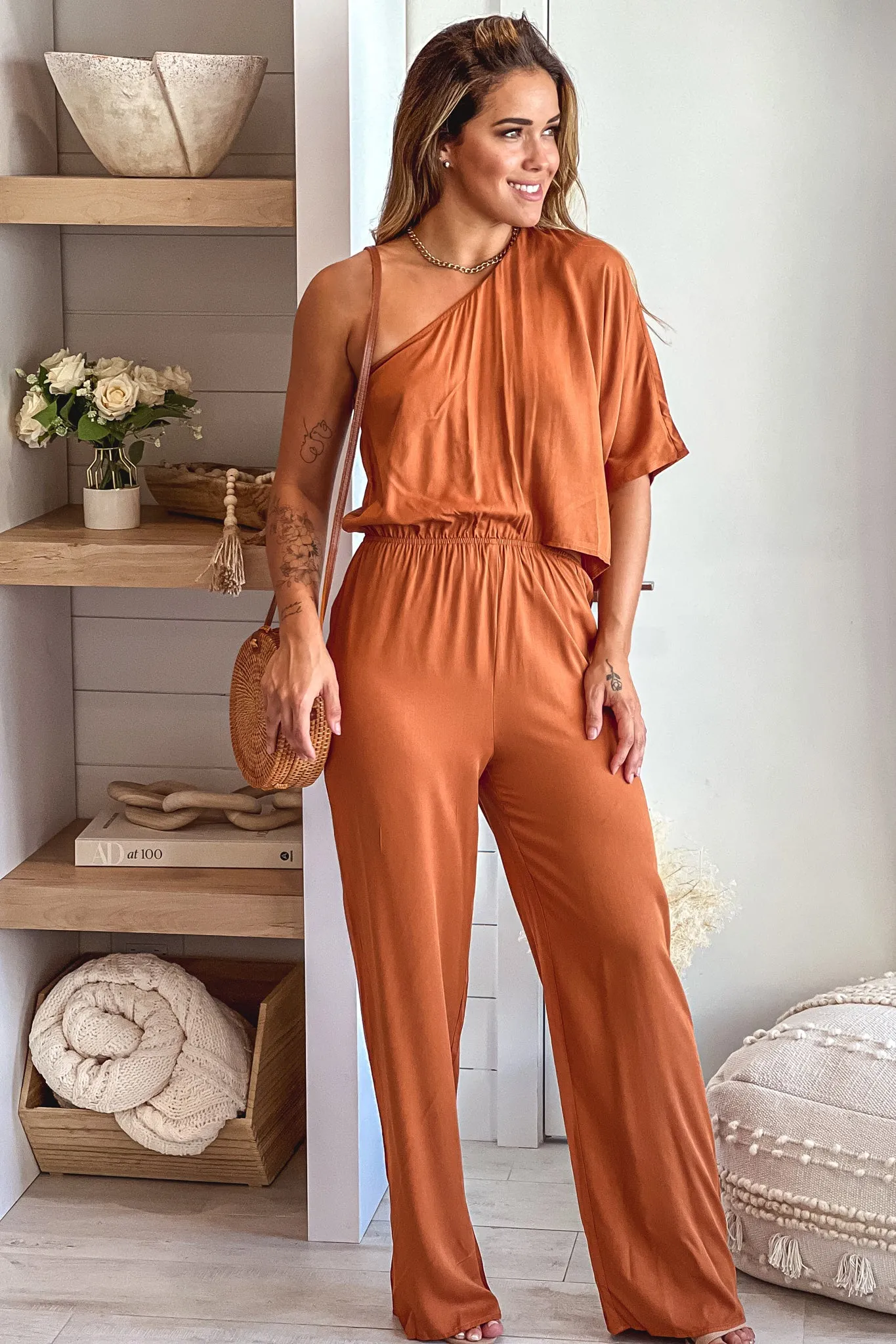 Camel One Shoulder Jumpsuit With Cut Out