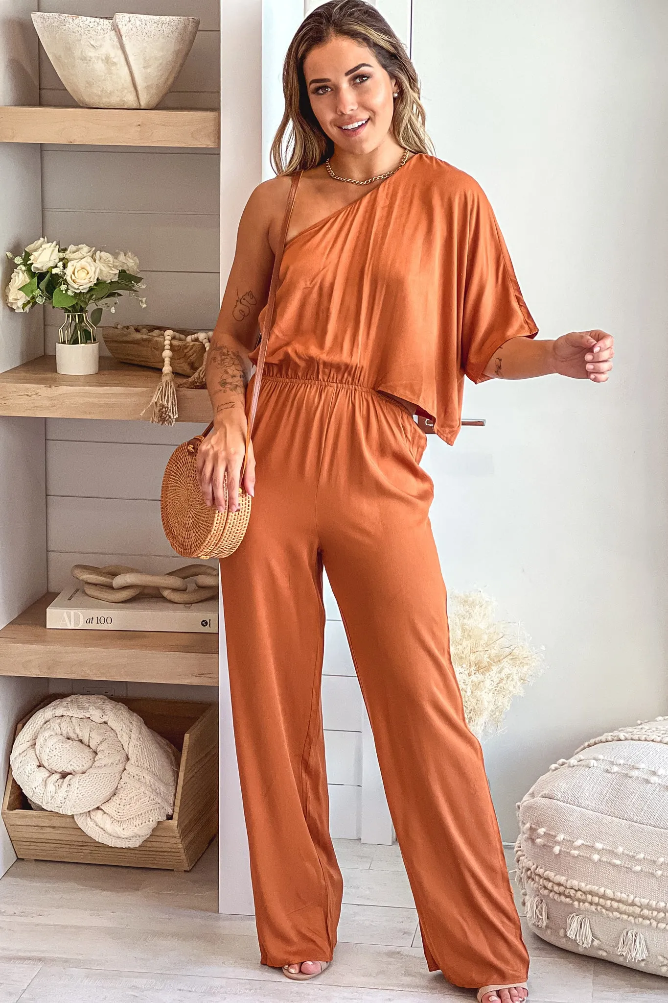 Camel One Shoulder Jumpsuit With Cut Out