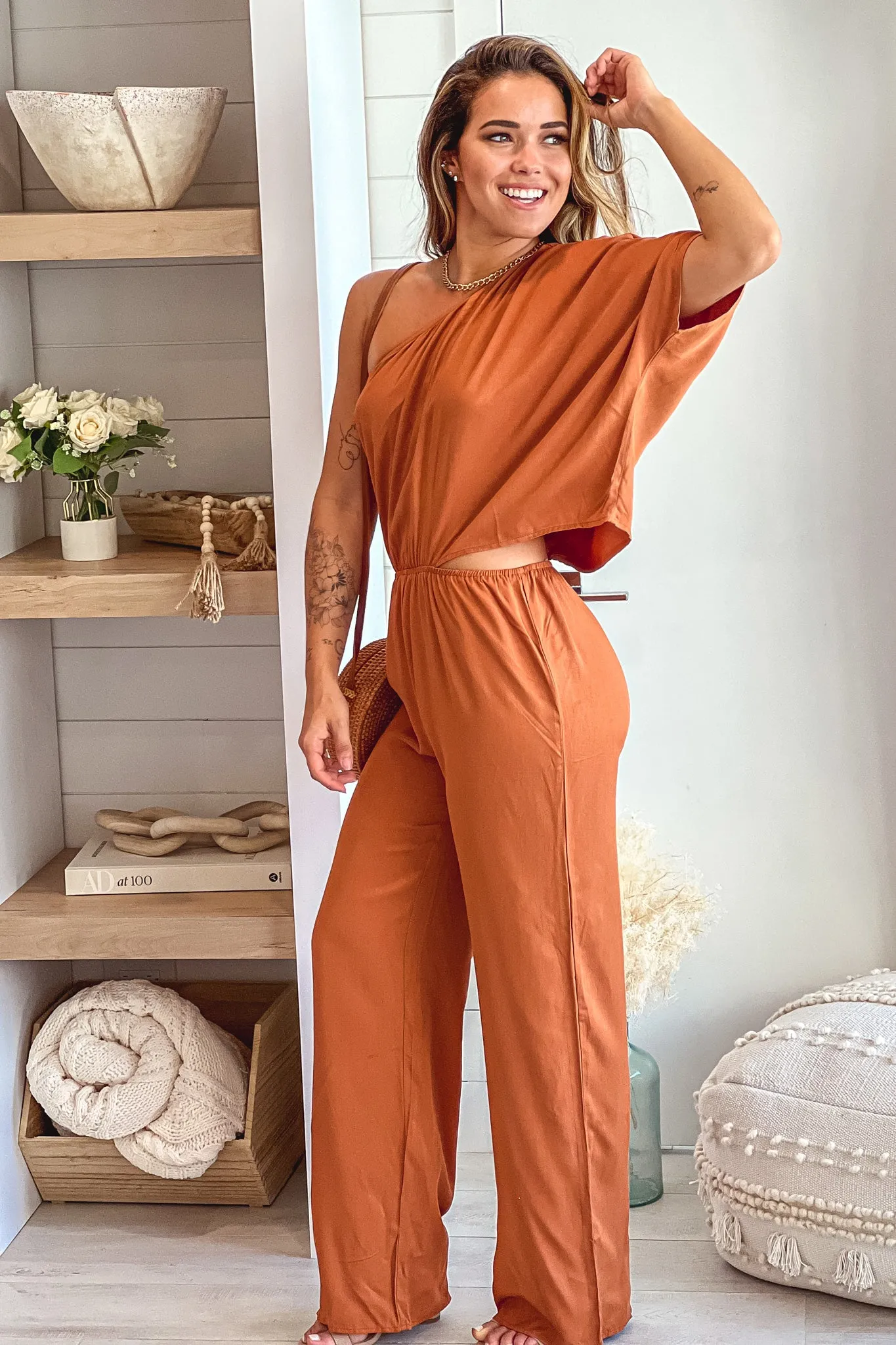 Camel One Shoulder Jumpsuit With Cut Out