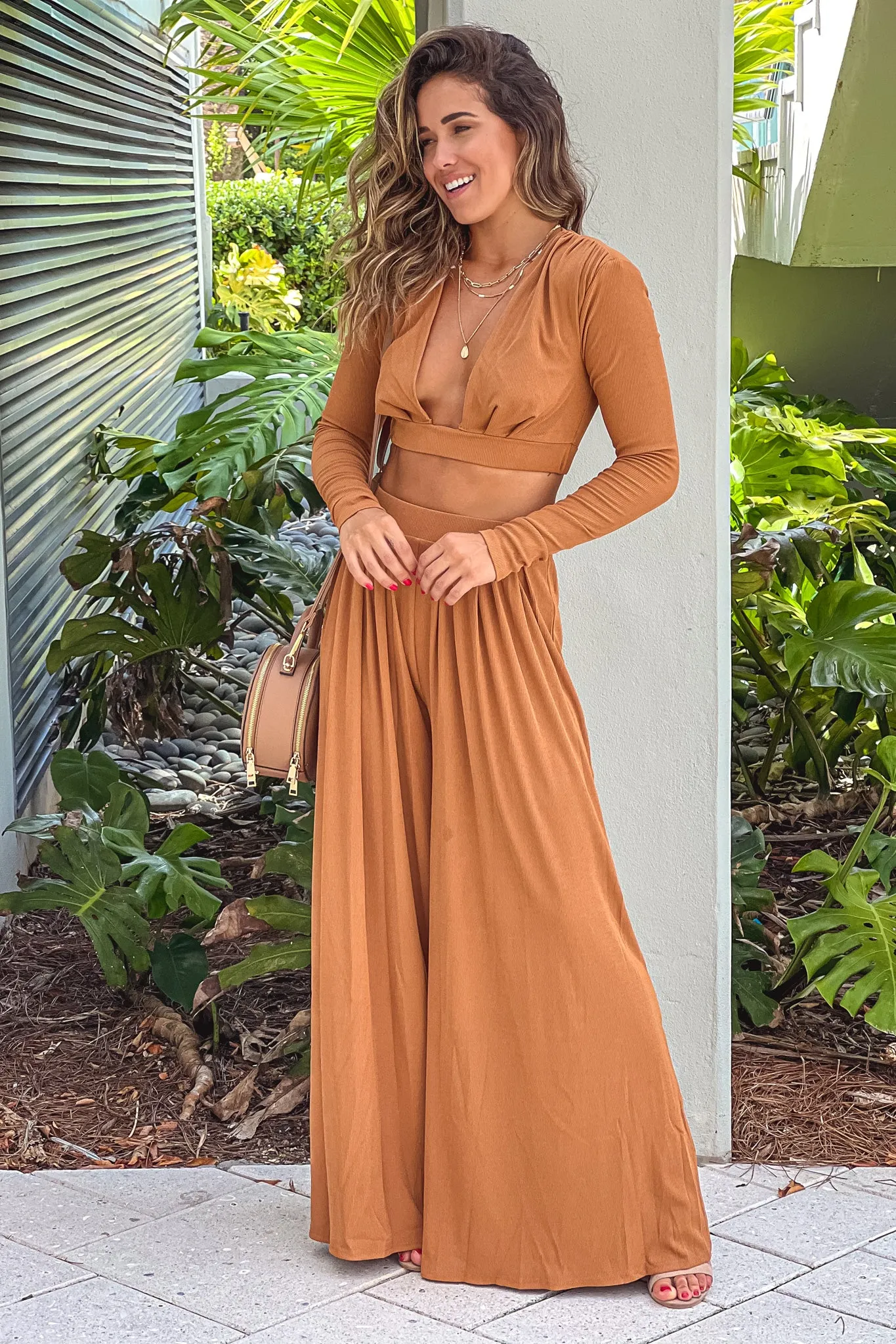 Camel V-Neck Top And Pants Set