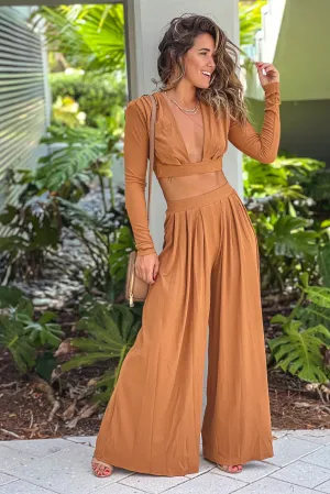 Camel V-Neck Top And Pants Set