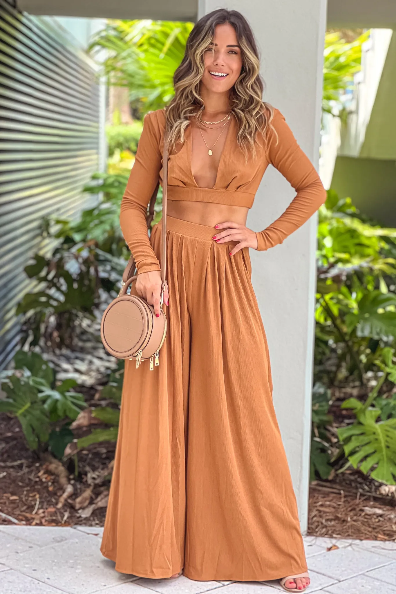 Camel V-Neck Top And Pants Set