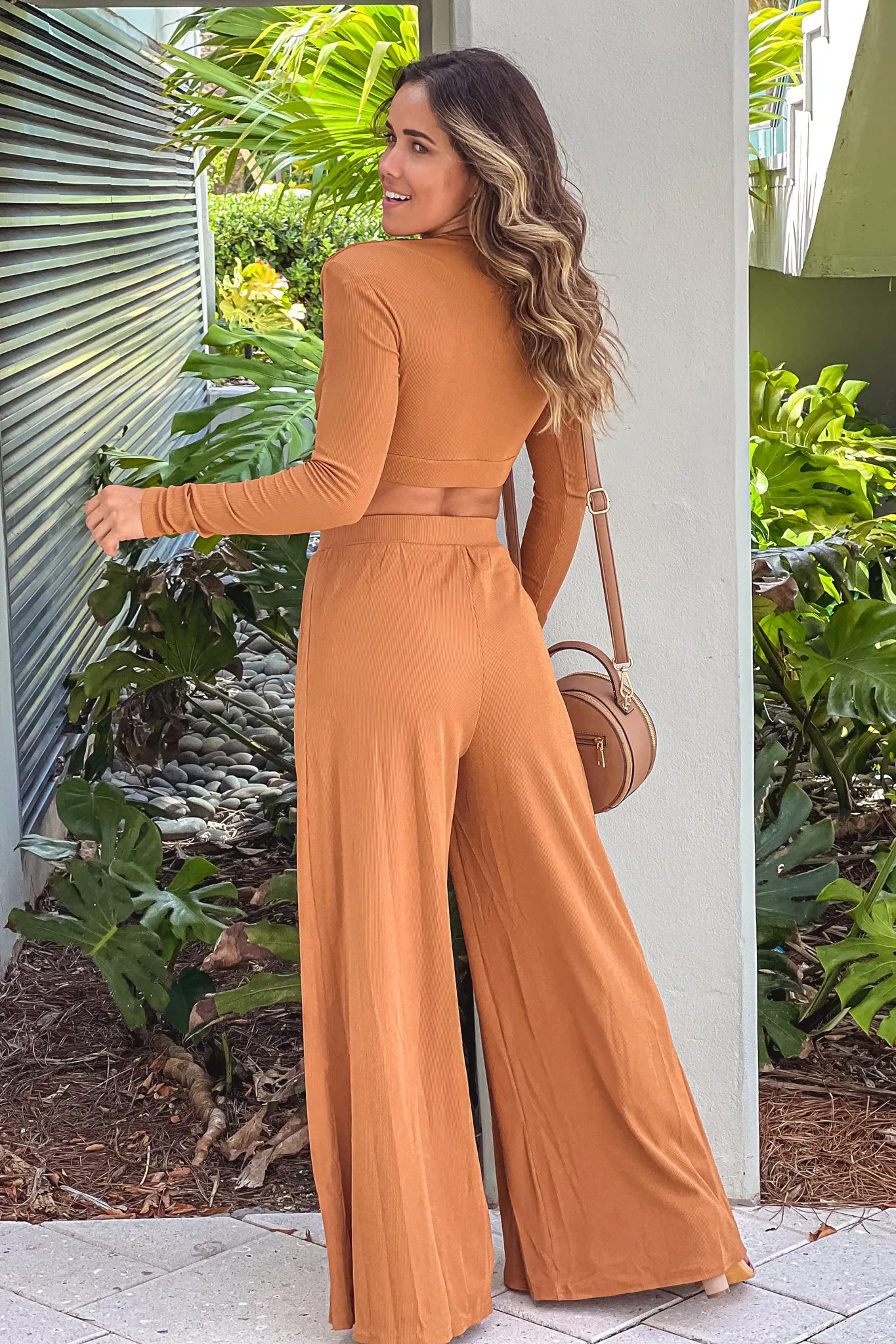 Camel V-Neck Top And Pants Set