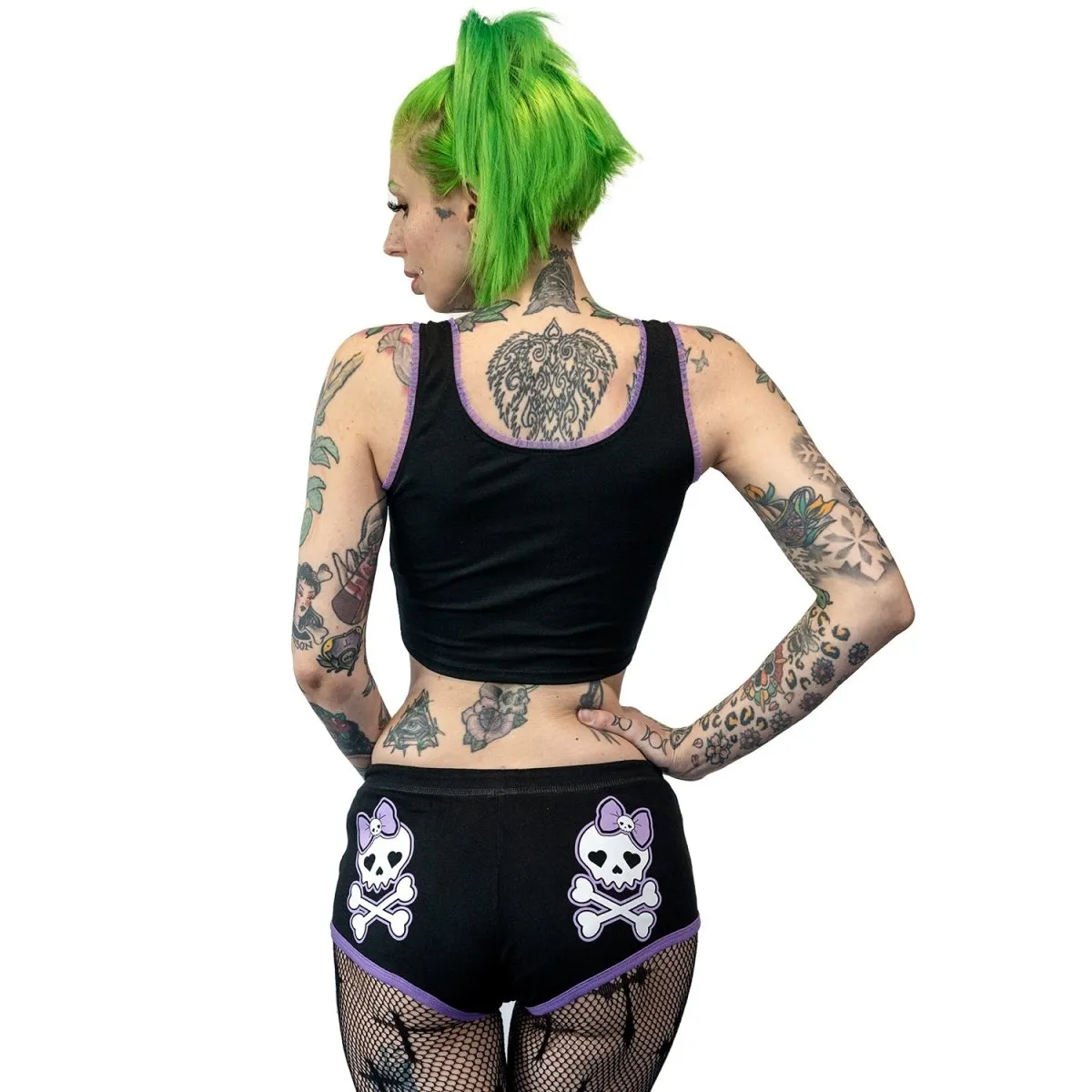 Cute Skull & Bow Purple Trim Short Shorts