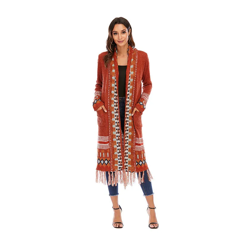 Ethnic style cardigan sweater women retro fringed blouse bohemian style knitted sweater cardigan jacket