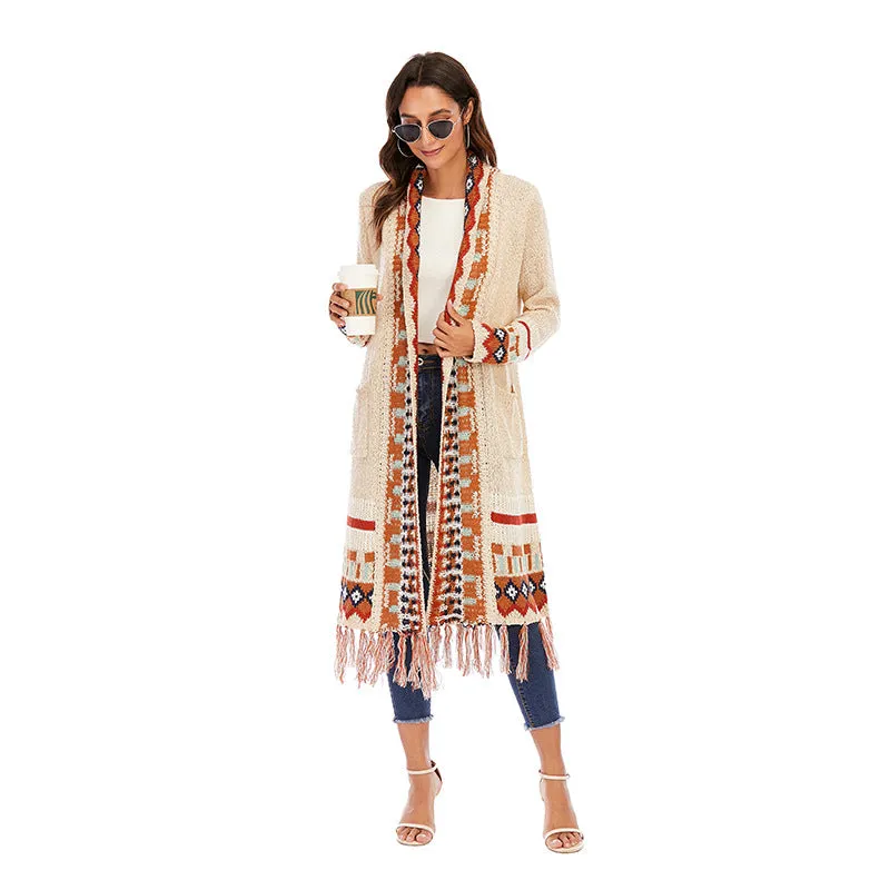 Ethnic style cardigan sweater women retro fringed blouse bohemian style knitted sweater cardigan jacket