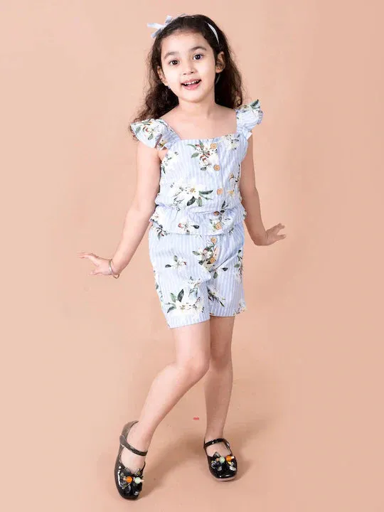 Girls Blue Floral Printed Top With Shorts - Ps Peaches