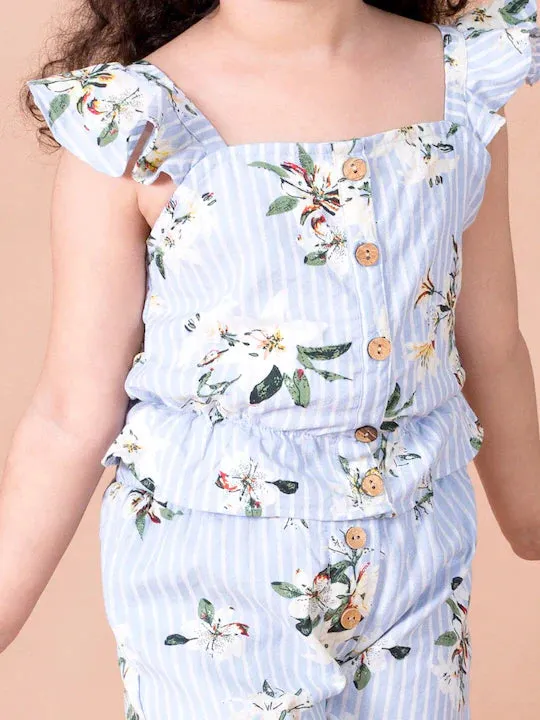 Girls Blue Floral Printed Top With Shorts - Ps Peaches