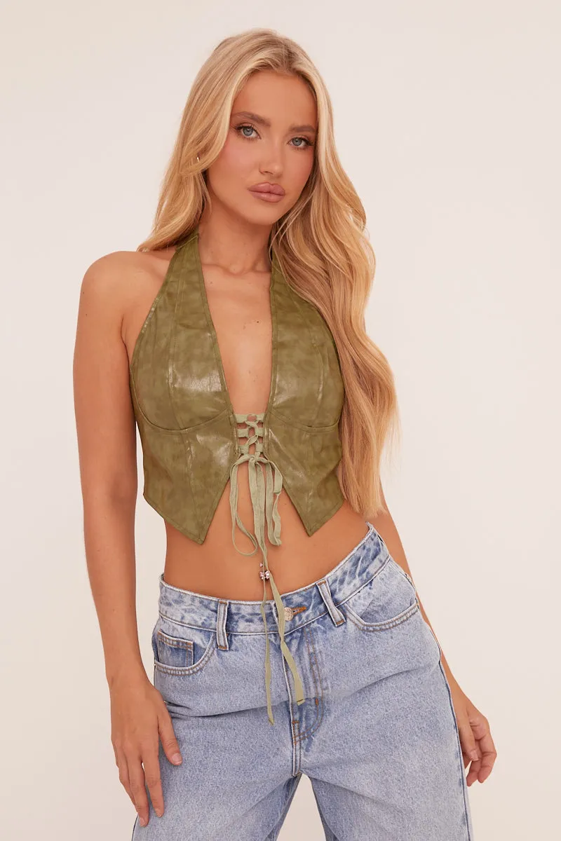 Green Faux Leather Tie Up Front Cropped Top - Alla