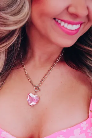 Heart Gem Stone Pendant Necklace - Light Pink