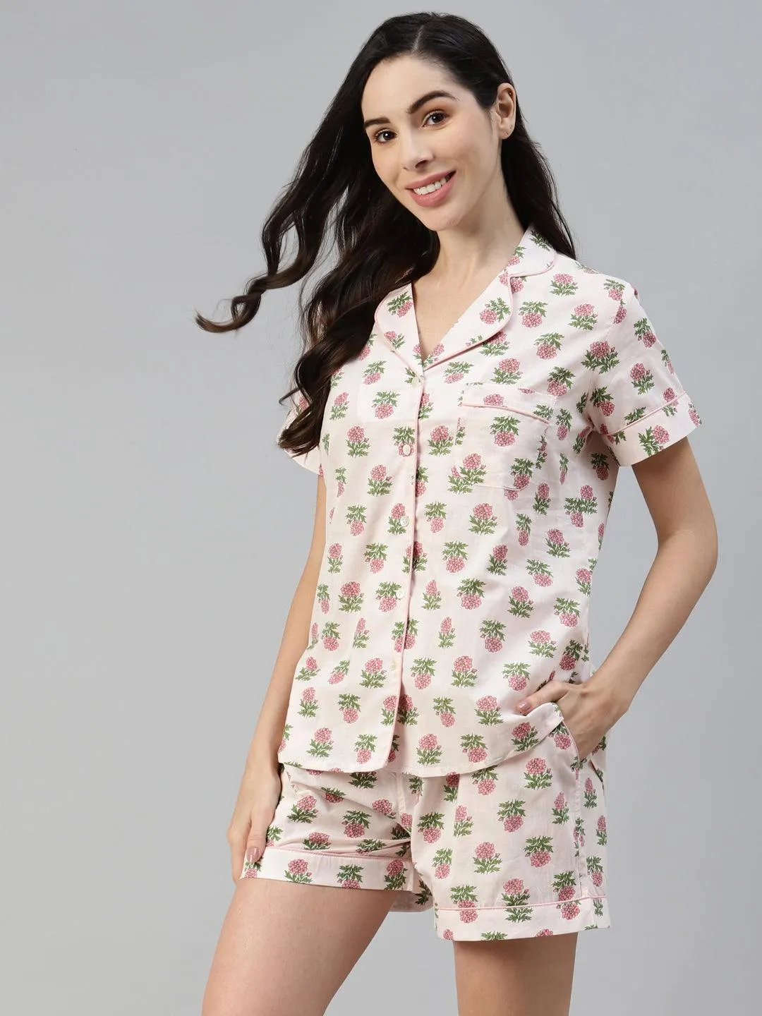 Jashvi  Baby pink Cotton Floral Print Night Suit