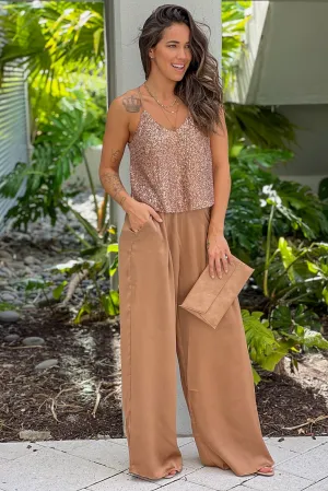 Latte Sequin Top And Satin Pants Set