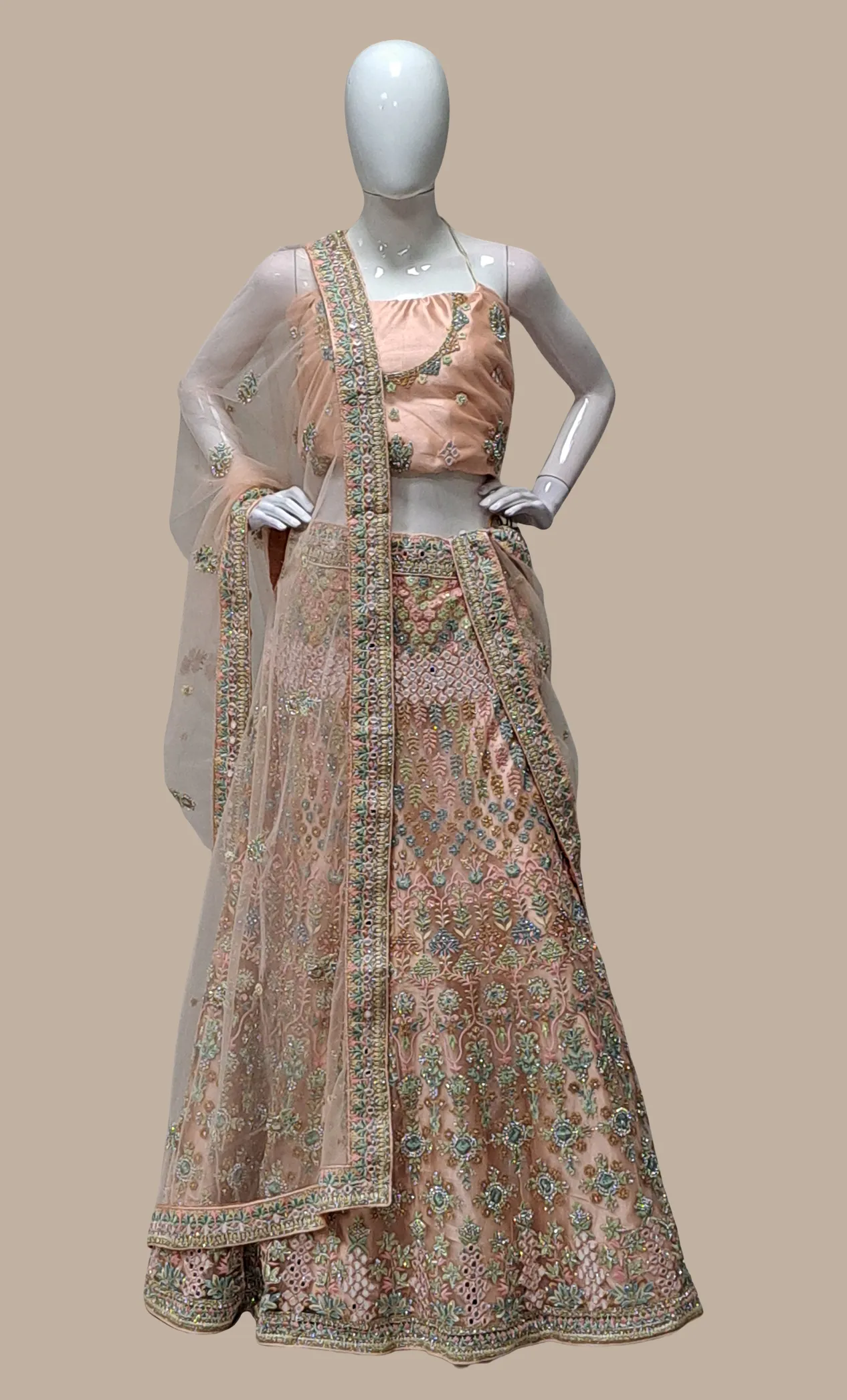 Light Peach Embroidered Lengha