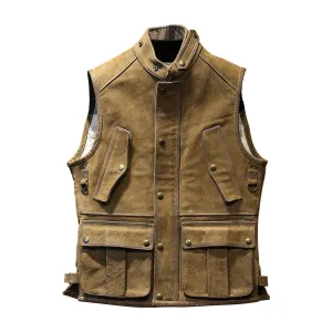 Men’s Brown Genuine Cowhide Stand Collar Vest Motorcycle Biker Sleeveless Classic Retro Rock Hunter Multi Pockets Leather Waistcoat