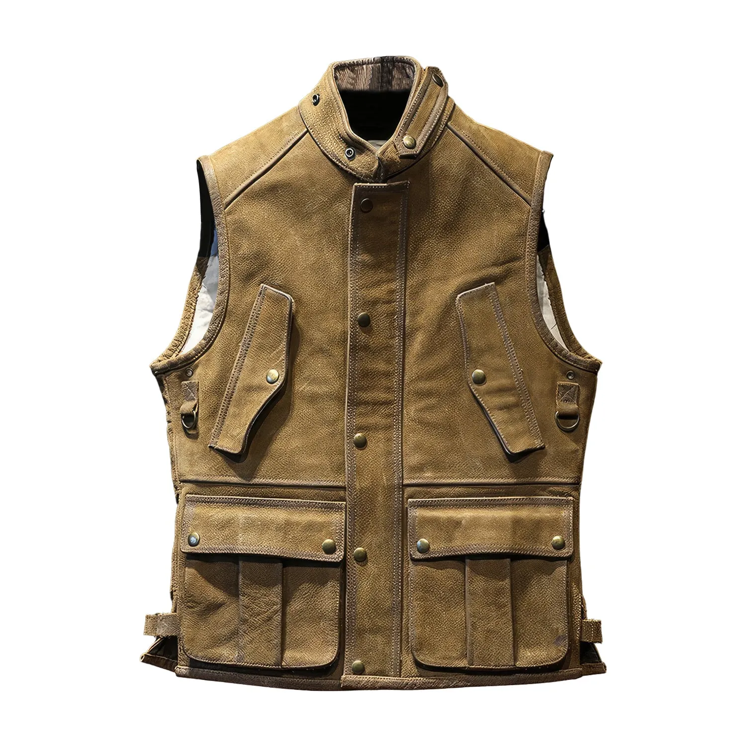 Men’s Brown Genuine Cowhide Stand Collar Vest Motorcycle Biker Sleeveless Classic Retro Rock Hunter Multi Pockets Leather Waistcoat