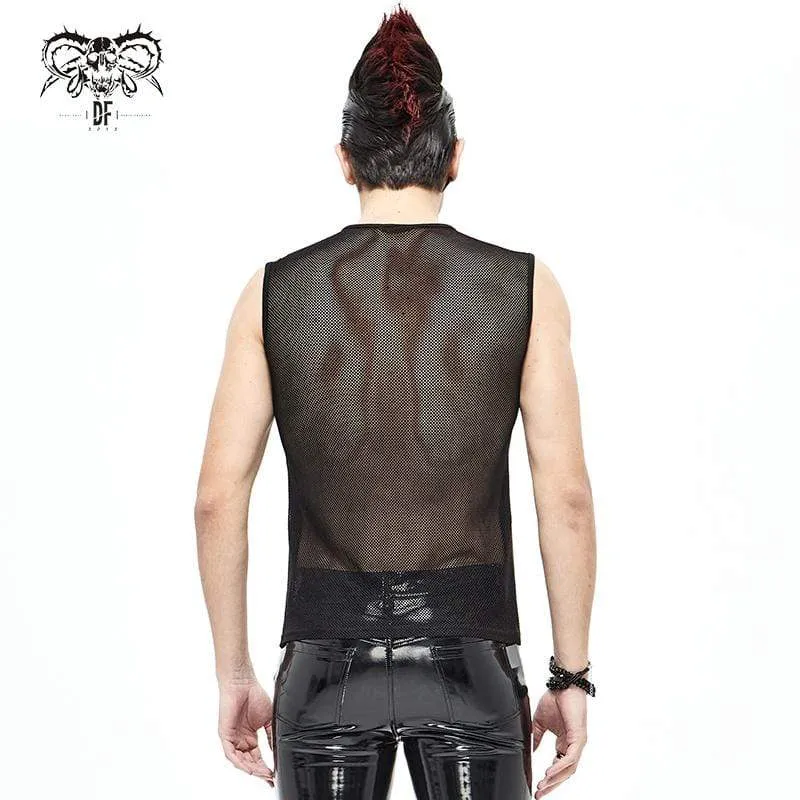 Men's Gothic Punk Mesh Faux Leather Tank Tops Black