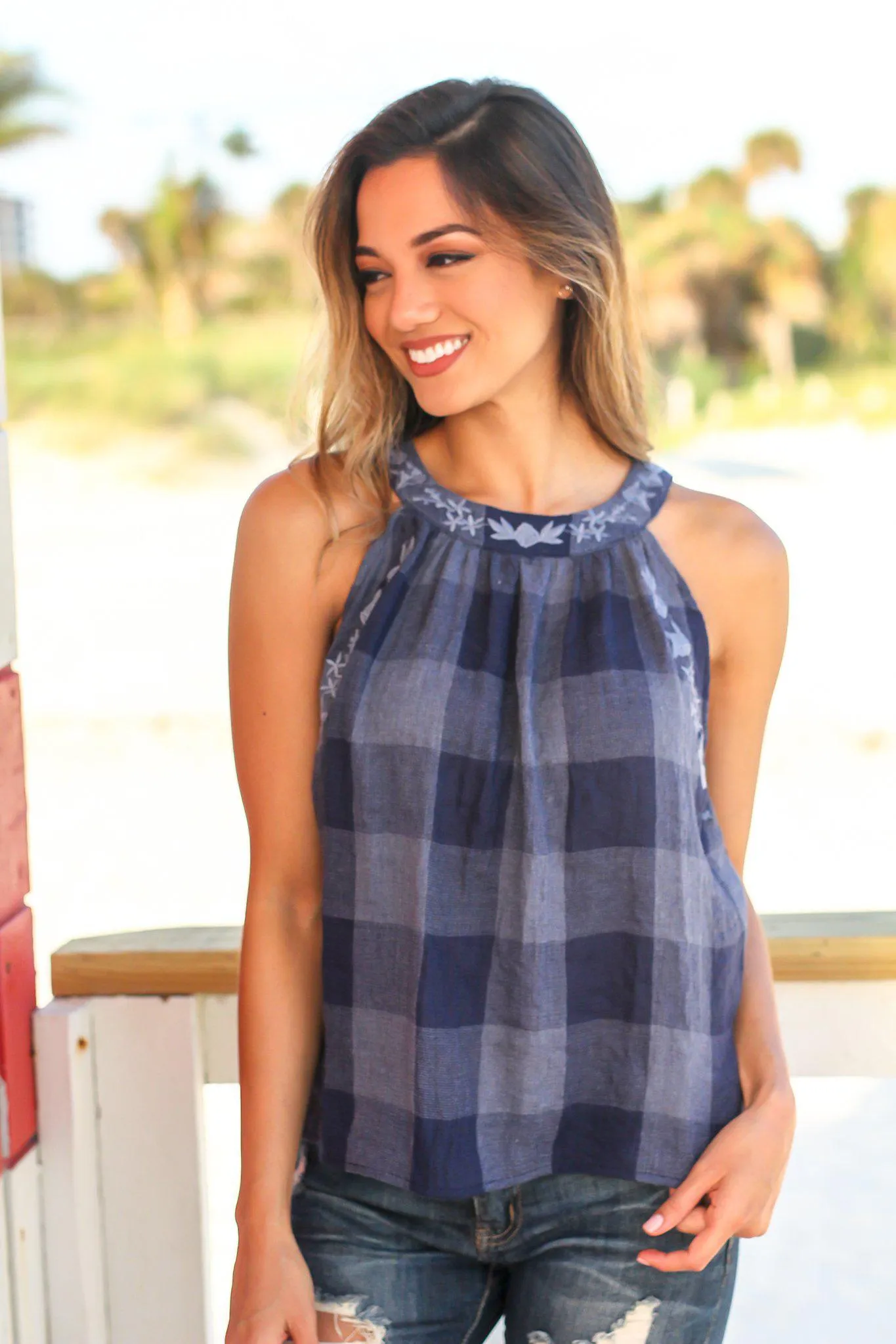 Navy Checkered Top with Embroidery