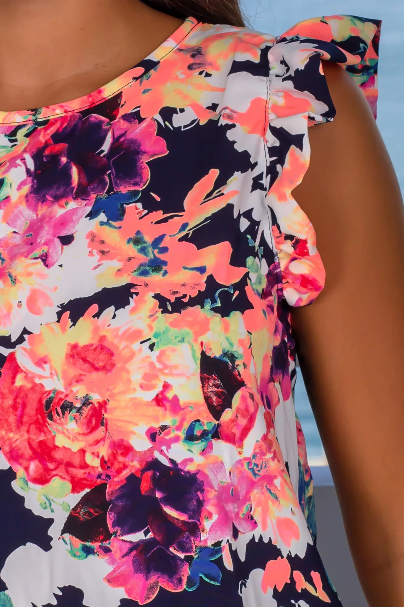 Neon Floral Printed Top With Ruffled Sleeves