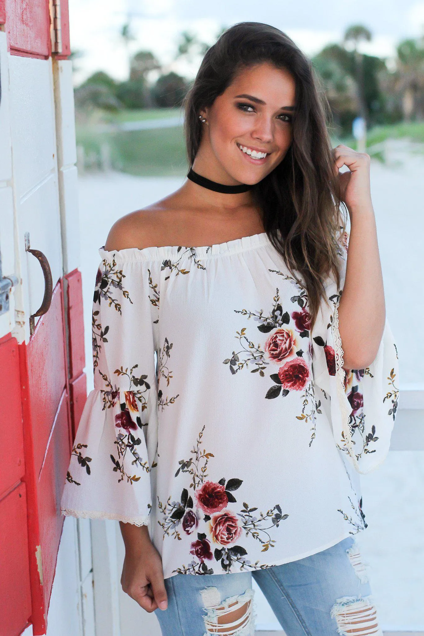 Off White Floral Off Shoulder Top