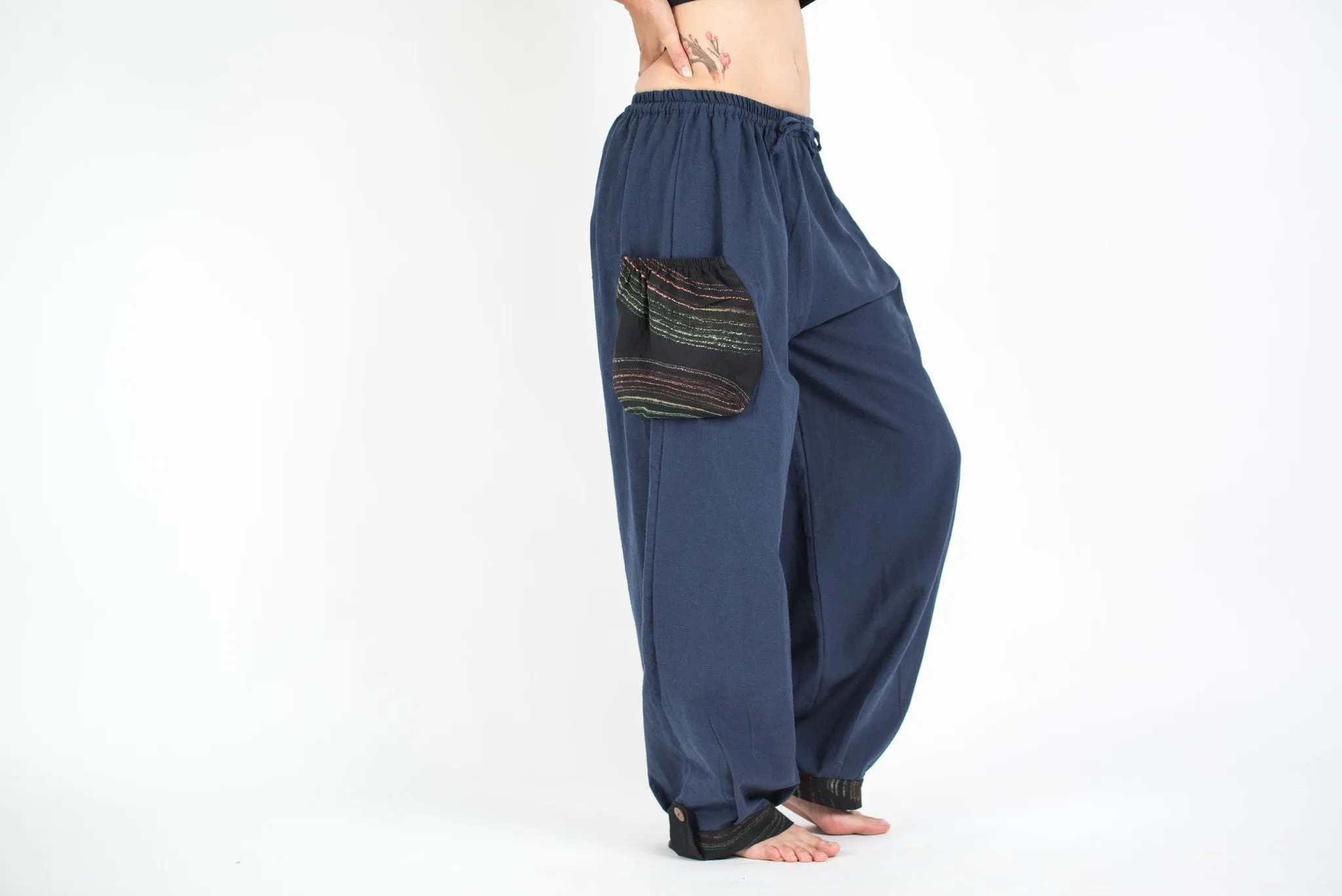 Organic Cotton Thai  Yoga Massage Pants Hill Tribe Trim Blue