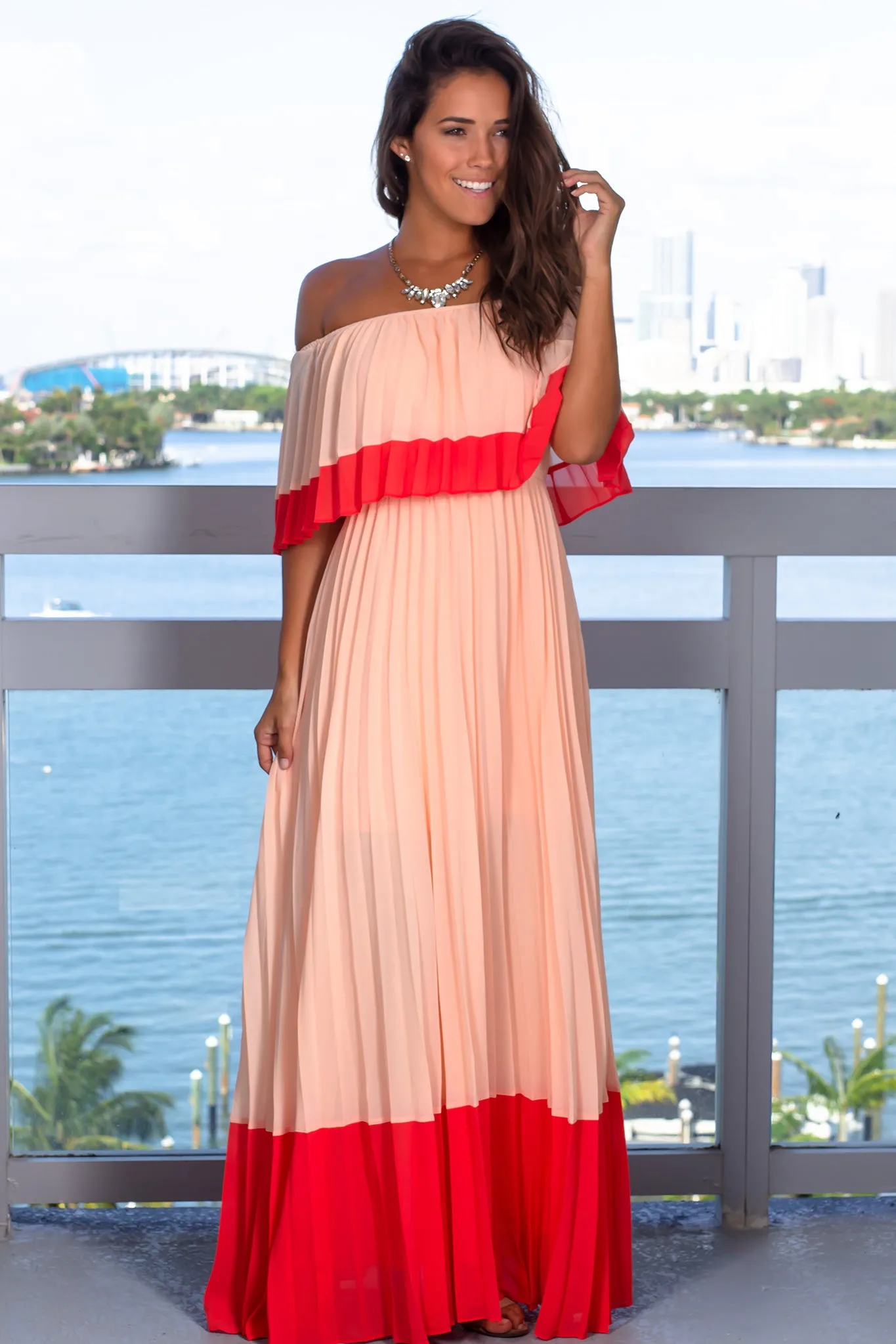 Peach Off Shoulder Pleated Maxi Dress