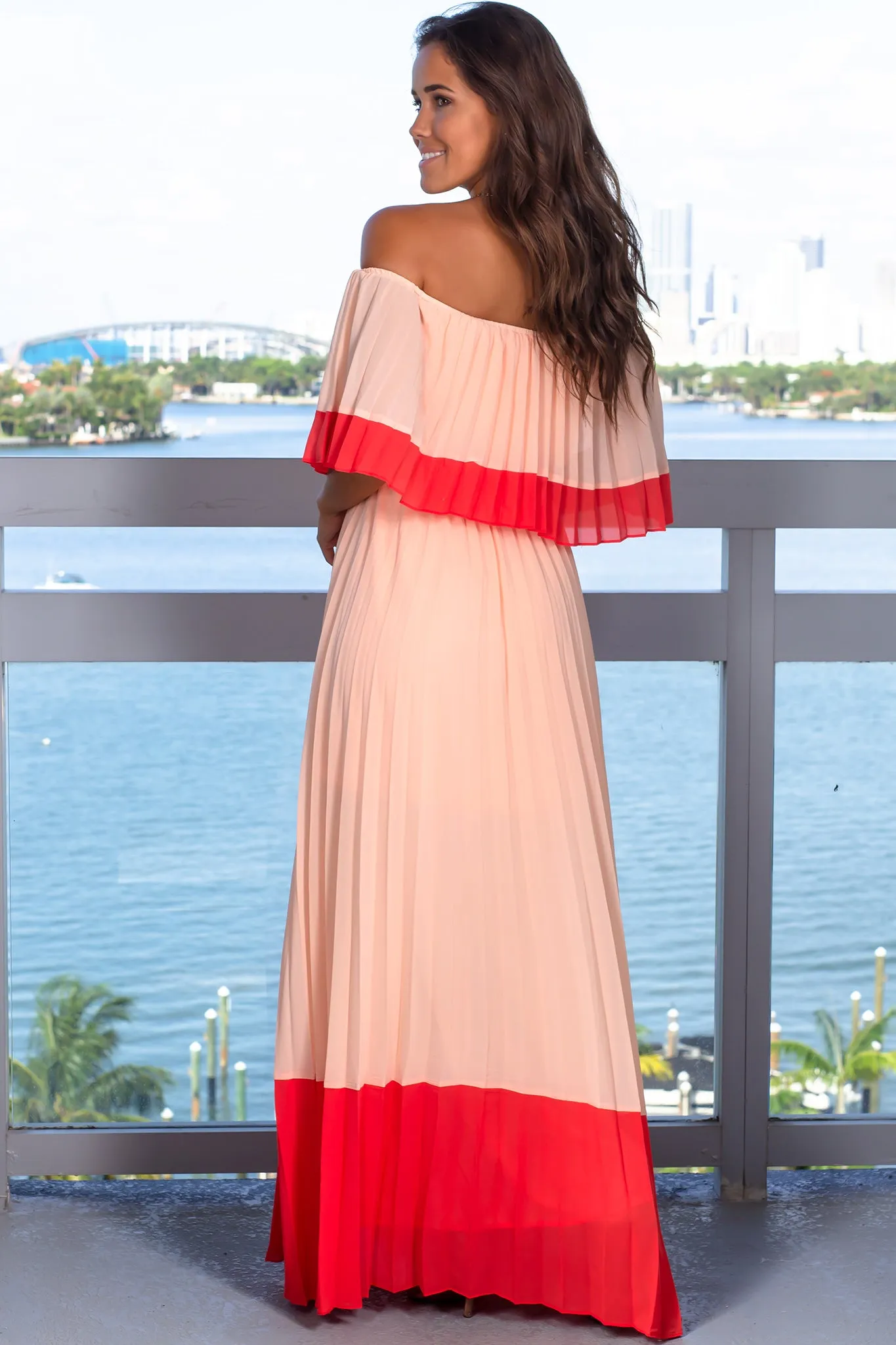 Peach Off Shoulder Pleated Maxi Dress