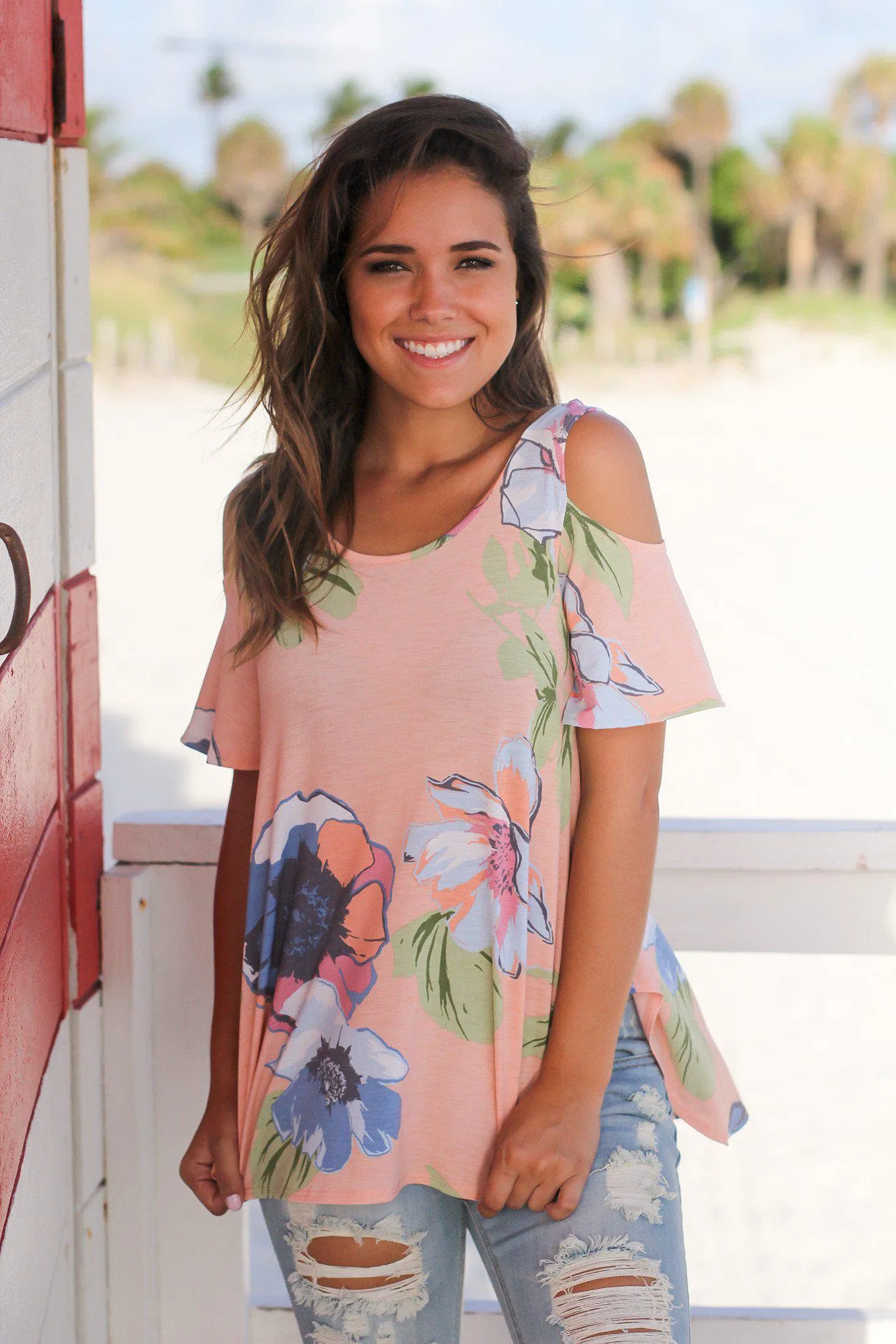 Peach Open Shoulder Floral Top