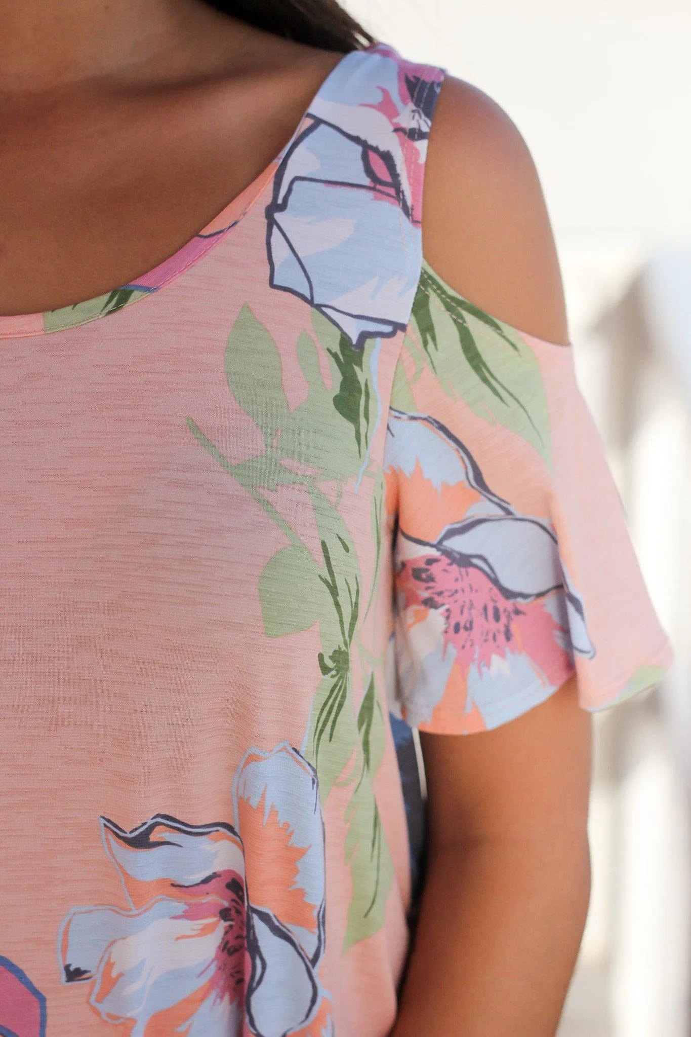 Peach Open Shoulder Floral Top