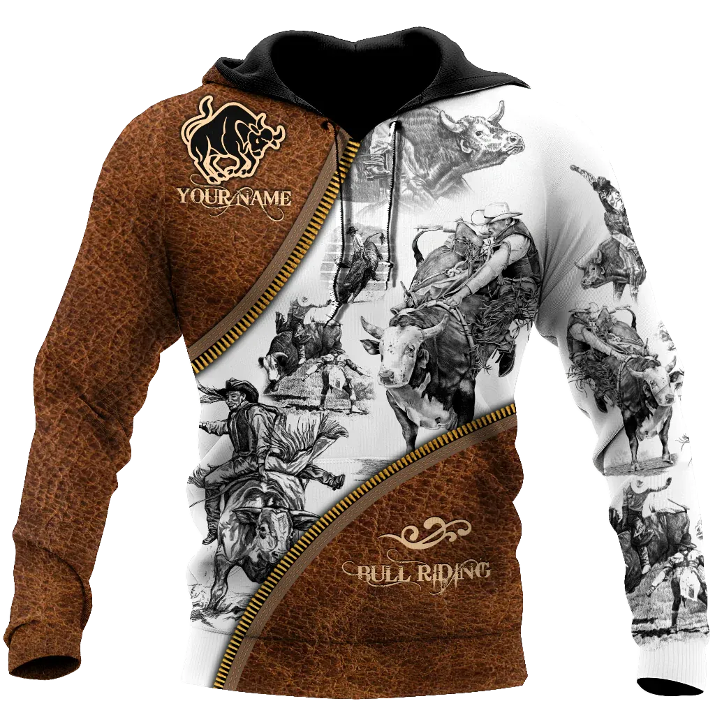 Personalized Name Bull Riding Unisex Hoodie Metal Pattern Rodeo Hoodies 3D Full Print