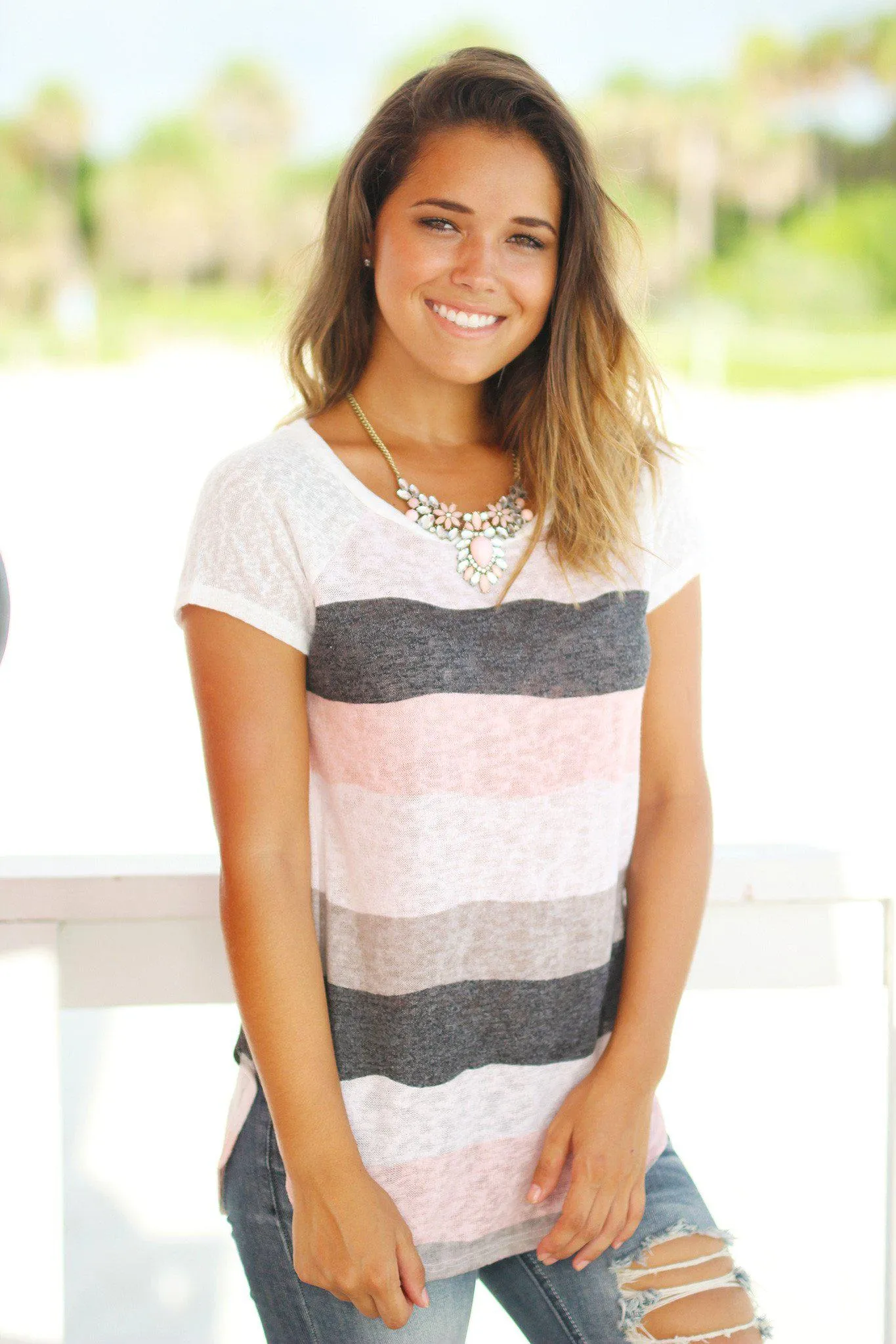 Pink and Gray Wavy Striped Top