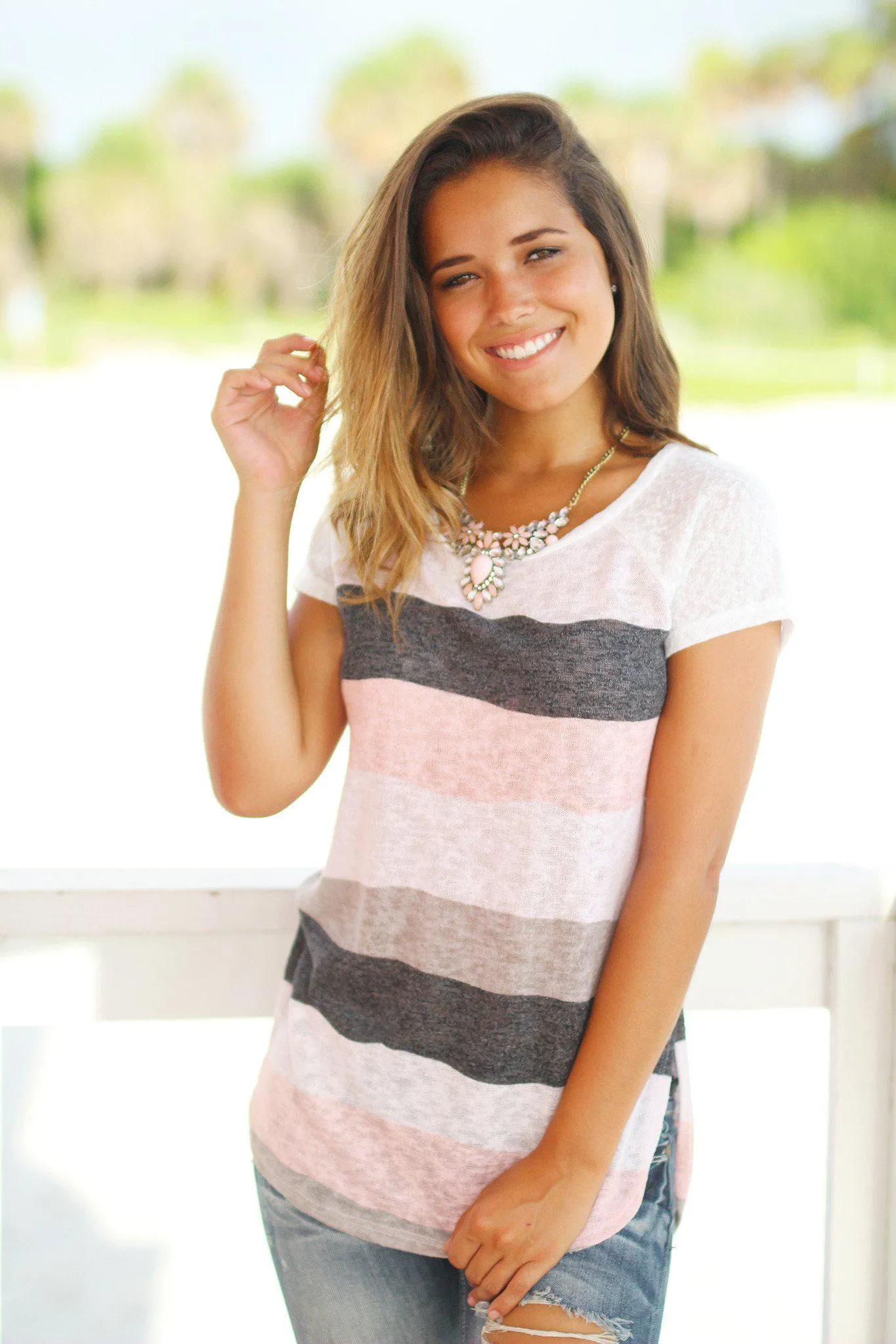 Pink and Gray Wavy Striped Top