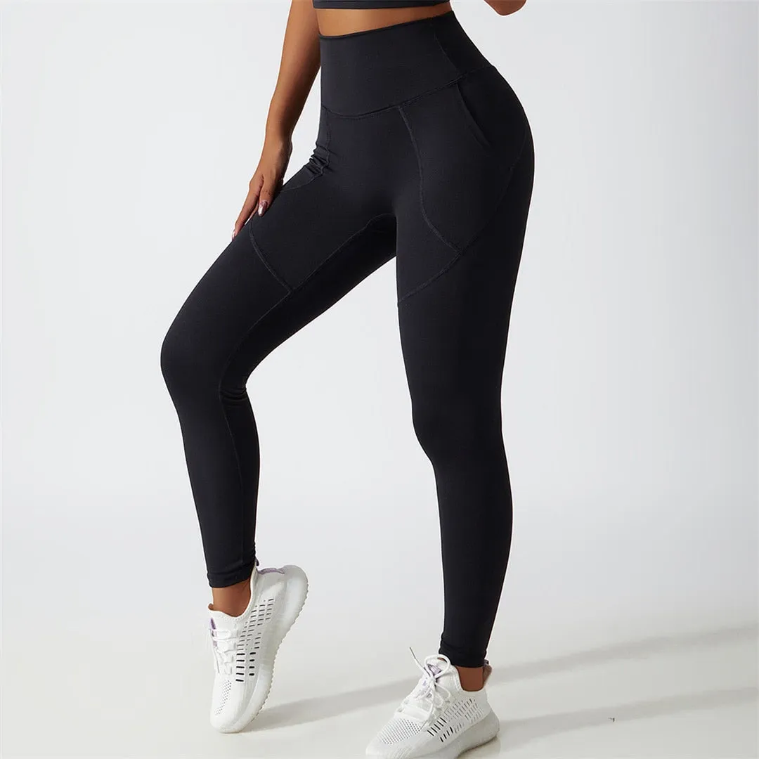 S - XL Sexy Yoga High Waist Pants With Pockets Women Fitness Tight Leggings Seamless For Women Gym Sport Elastic Pants A086P