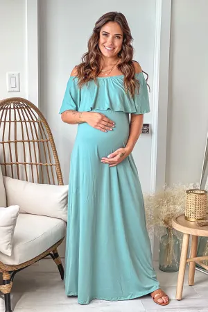 Sage Off Shoulder Maternity Maxi Dress with Ruffled Top