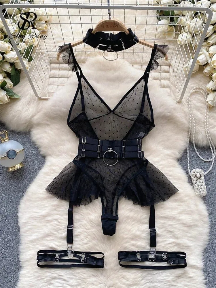 Sheer Corset Bodysuit Lingerie with Ruffles & Dot Pattern