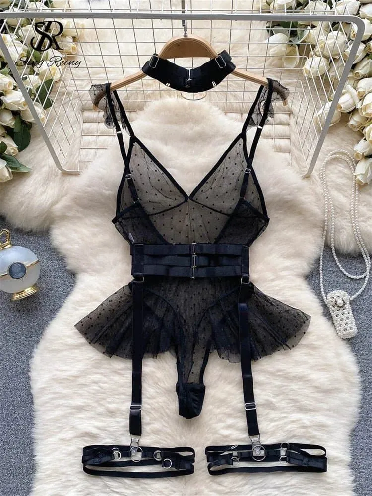 Sheer Corset Bodysuit Lingerie with Ruffles & Dot Pattern