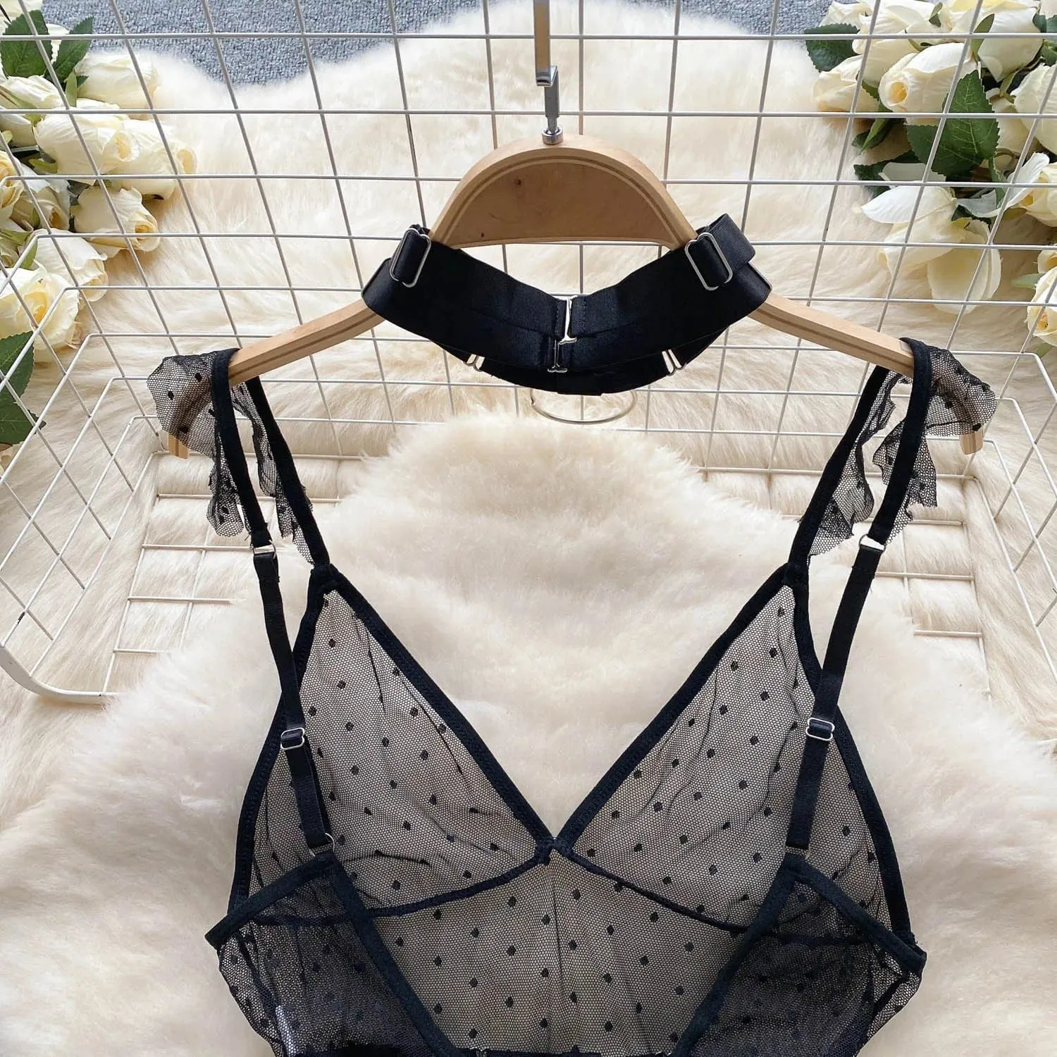 Sheer Corset Bodysuit Lingerie with Ruffles & Dot Pattern