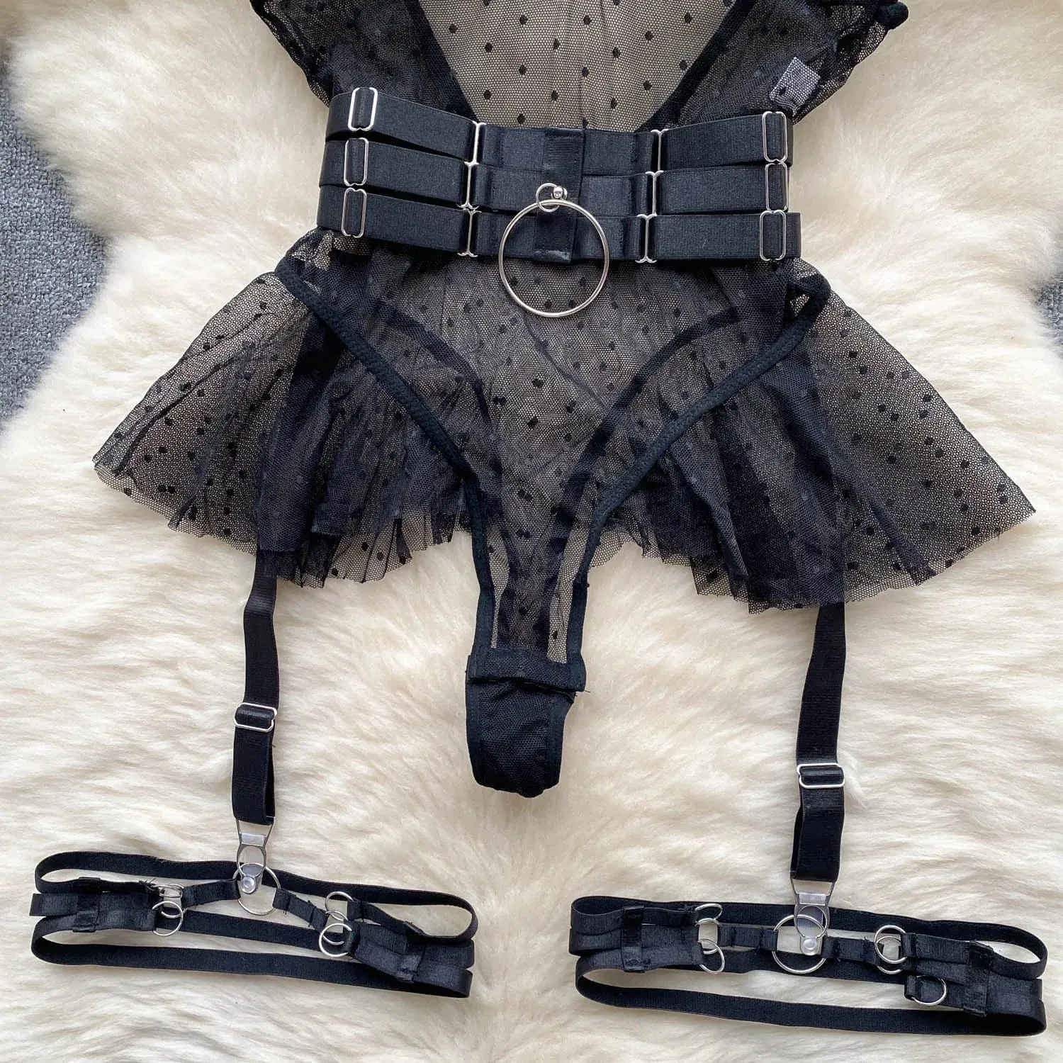 Sheer Corset Bodysuit Lingerie with Ruffles & Dot Pattern